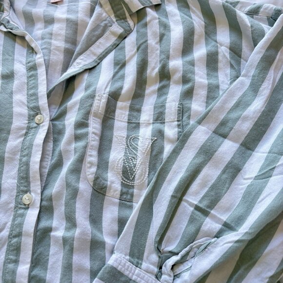 Victoria's Secret VS Long Sleeve Green Striped Button Up Top Bottoms Womens L - Picture 3 of 13